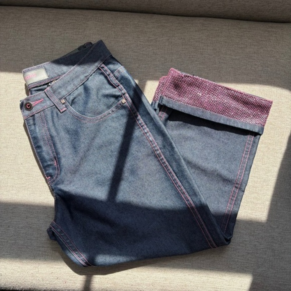 Y2K Crest Jeans Shimmery Blue Denim Capris Cropped Jeans Pink Stitch Cuff Capris